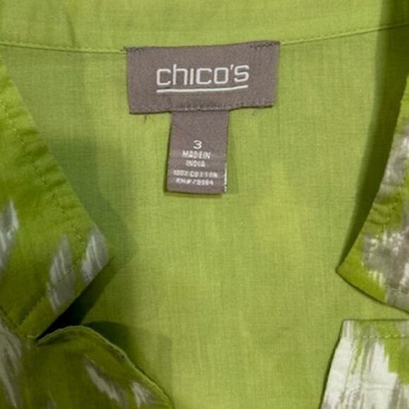CHICO'S Green White Open Cardigan Shacket Pockets Ikat Women's Size 3 LARGE - Picture 3 of 12